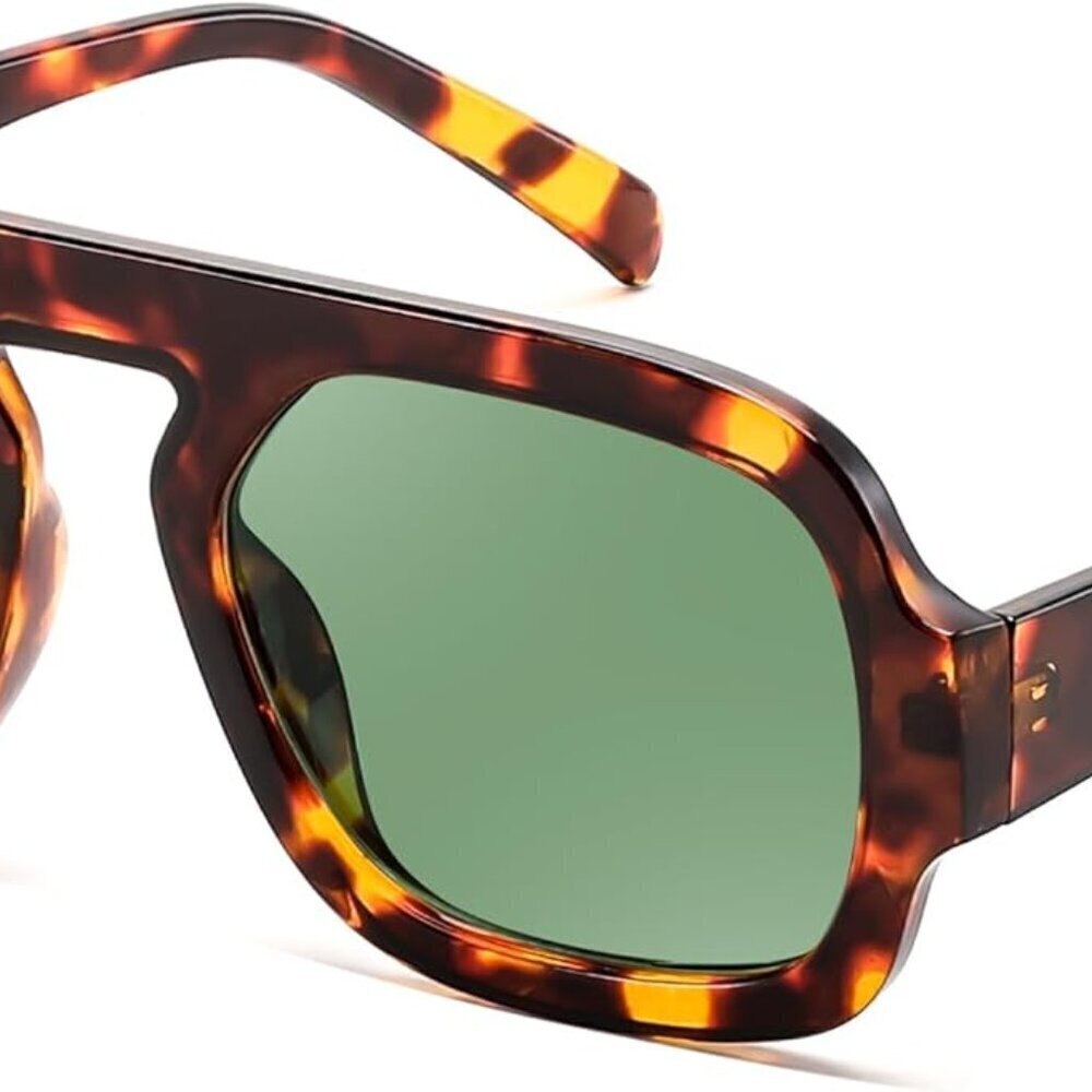 Square Aviator Oversize Sunglasses Women Tortoise Green Vintage 70s Shades